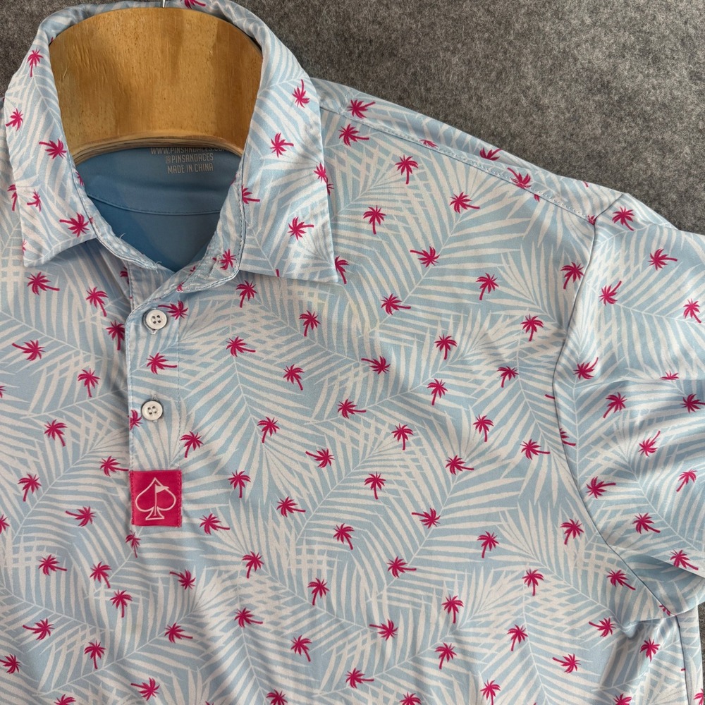 Pins & Aces Polo Shirt Men XXL Blue Pink Tropical Palm Tree Performance Golf Tee - Picture 3 of 13